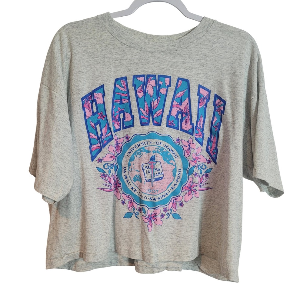 Vintage Hawaii Graphic T-Shirt Heather‎ Gray Oversized Crop Single Stitch Large